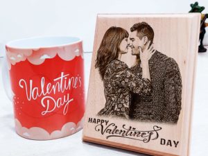 Vday Combo of Personalized Engraved Wood Photo Frame with Printed Mug for Wife or Couples