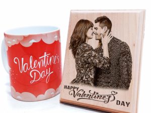 Vday Combo of Personalized Engraved Wood Photo Frame with Printed Mug for Wife or Couples