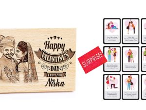 Valentines Combo of Personalized Engraved Wood Photo Frame with 9 Love Cards Gift for Couples