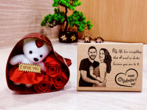 Valentine’s Day Gift Combo of Custom Frame and Heart Shape Box with Rose Flowers and Teddy for Best Friend
