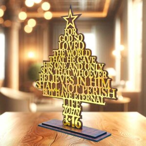 Christmas Tree With Bible Verse John 3:16 (Gold)